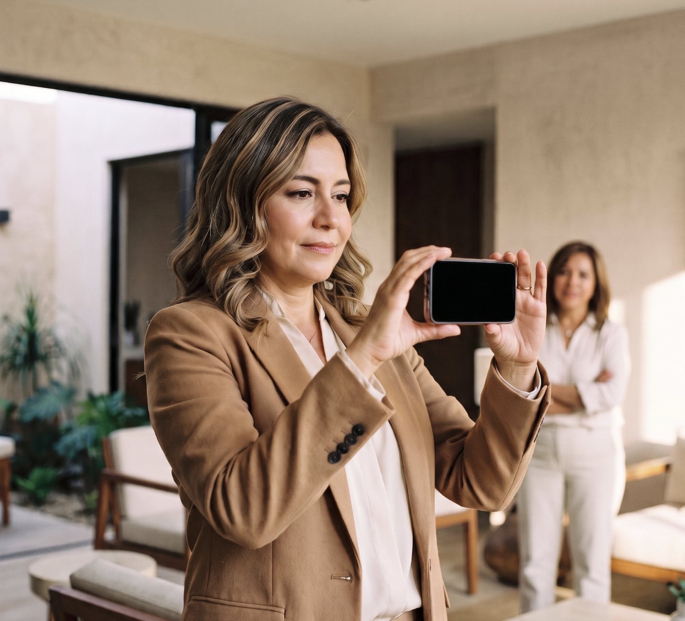 Asesora fotografiando una propiedad con su celular mientras la propietaria observa